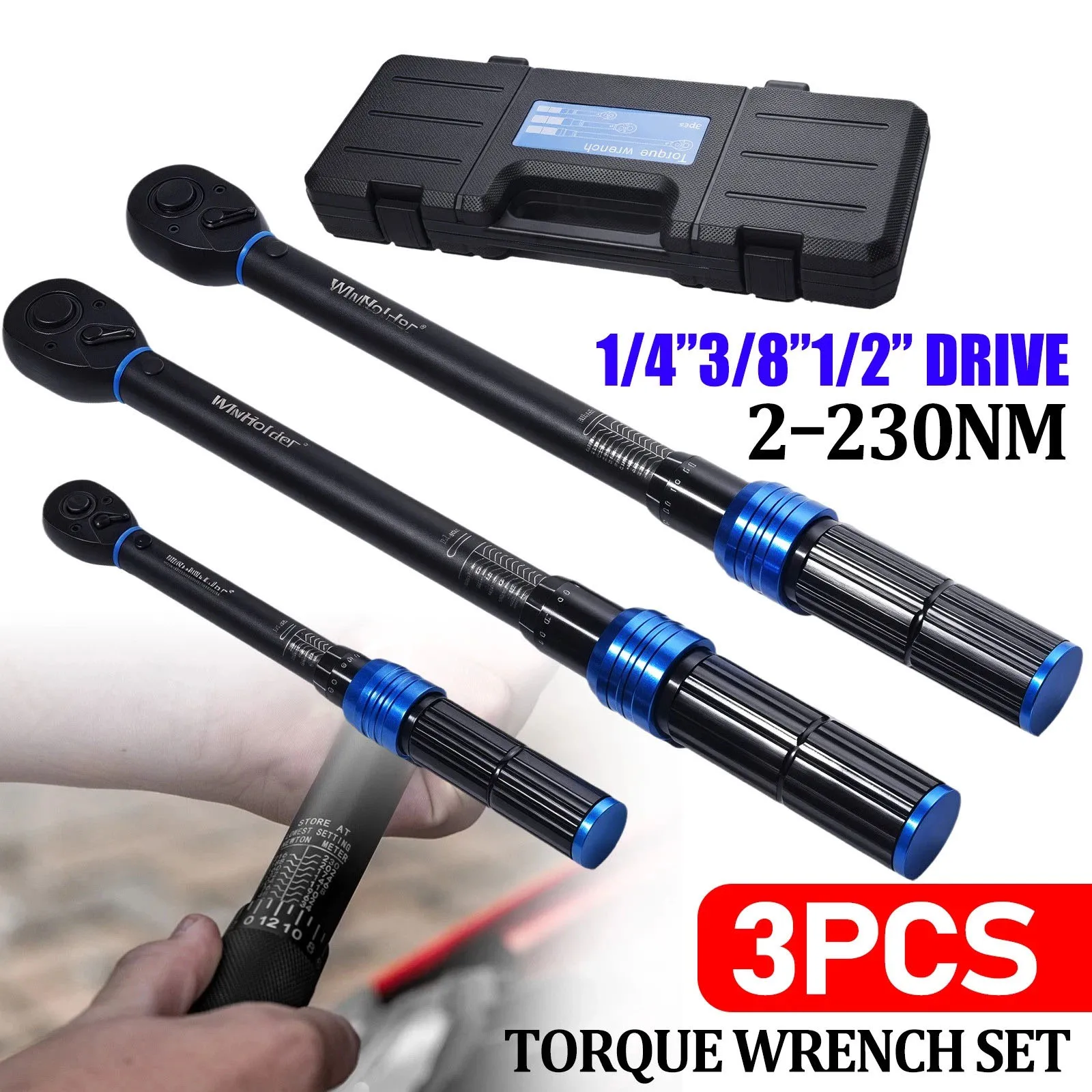 3Pcs 1/4" 3/8" 1/2" Drive Torque Wrench Set 2–230Nm Square Drive Torques Key Professional Bicycle Automotive Repair Tool Kit