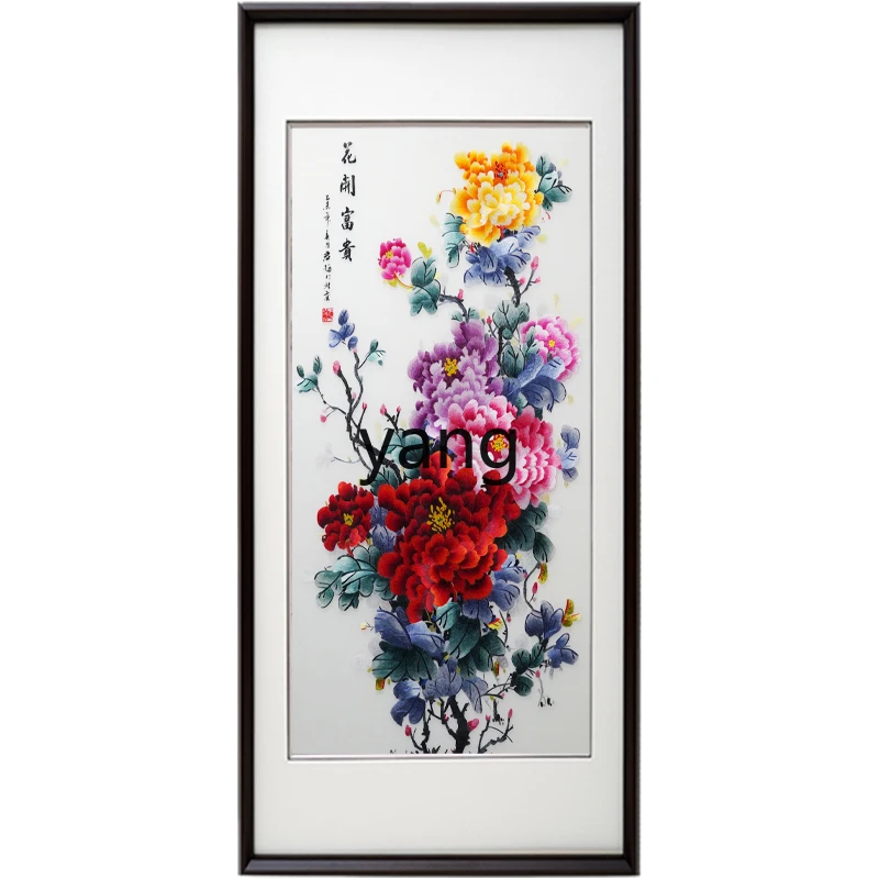 LH  living room vertical peony picture New Chinese Suzhou handmade Hunan embroidery decorative painting
