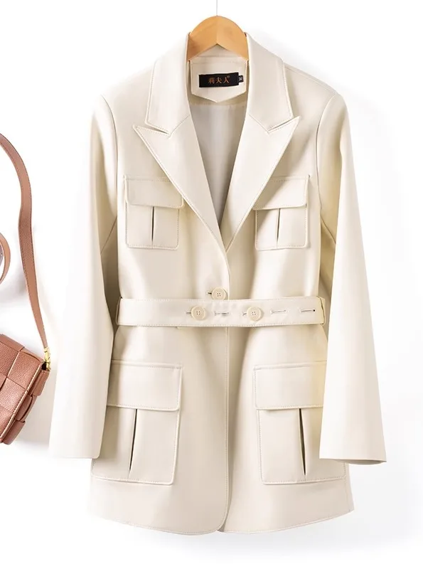 Cappotto in Vera Pelle Haining da Donna, Lunghezza Media, Nuova Collezione Primavera 2025, Giacca in Pelle di Pecora Antivento con Cintura in Vita, Elegante