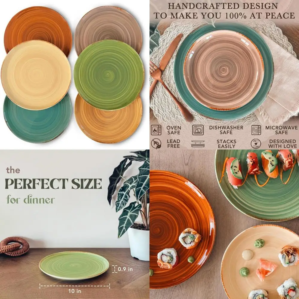 

Set of 6 Mora Ceramic 10 Inch Helix Swirl Dinner Plates - Modern Spiral Design Porcelain Dinnerware for Kitchen and Restaurants