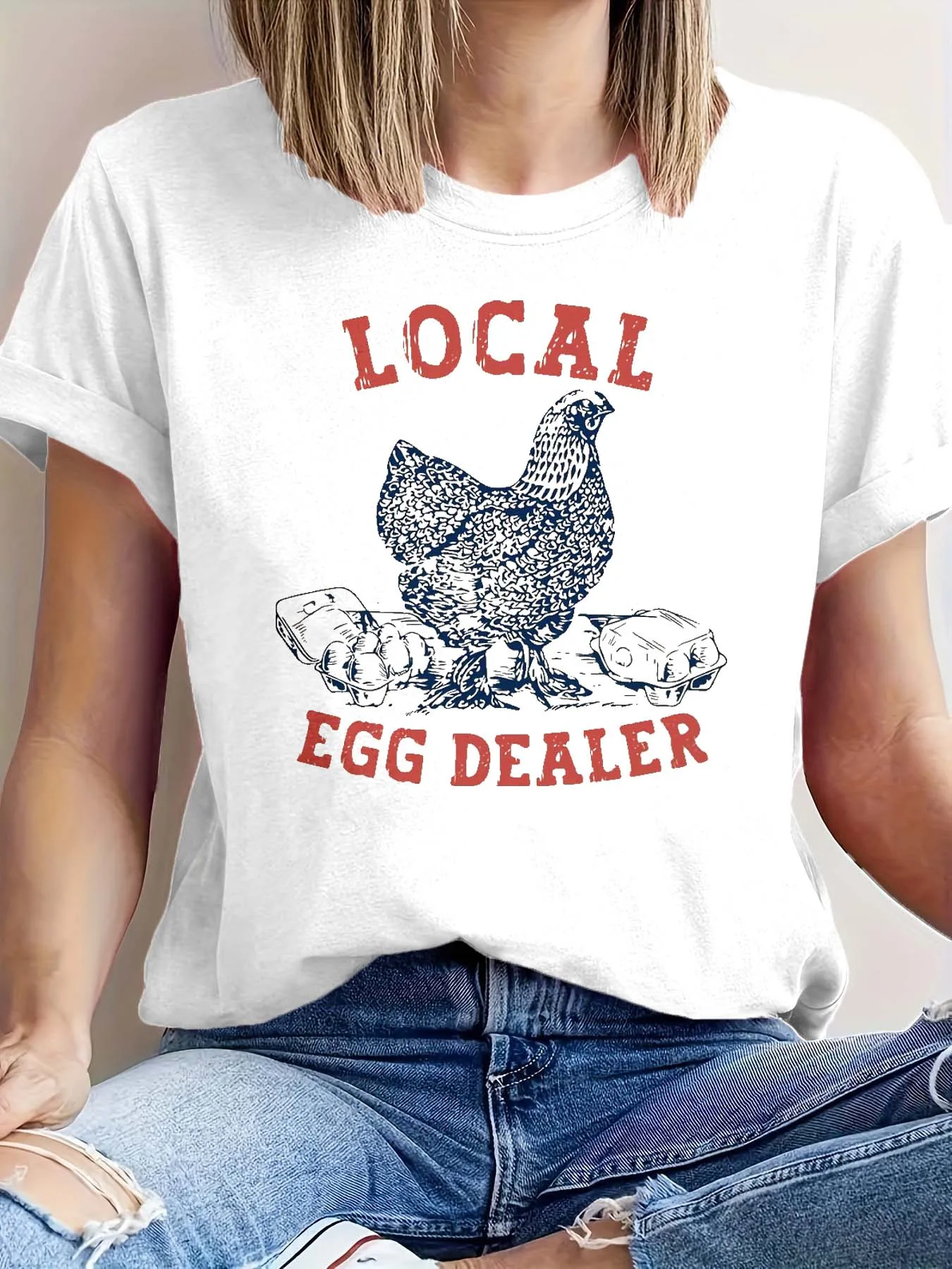 

Плюс размер, дилер местных яиц, модная и игривая футболка с рисунком курицы для повседневного шикарного образа