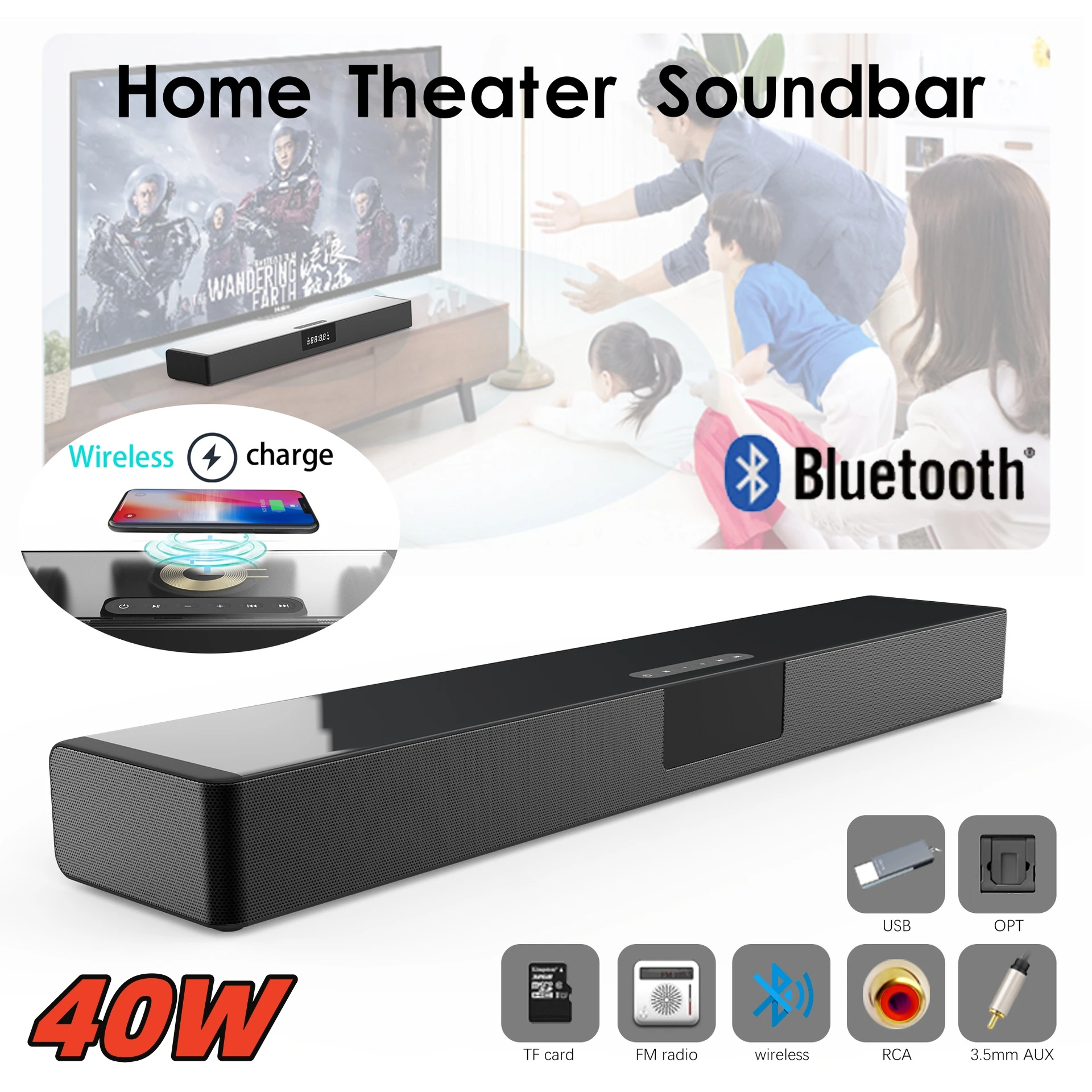 

Multifunctional Bluetooth Speaker 40W Big Power Soundbar Home Theater Music Center Subwoofer LED Display for TV PC Computer FM