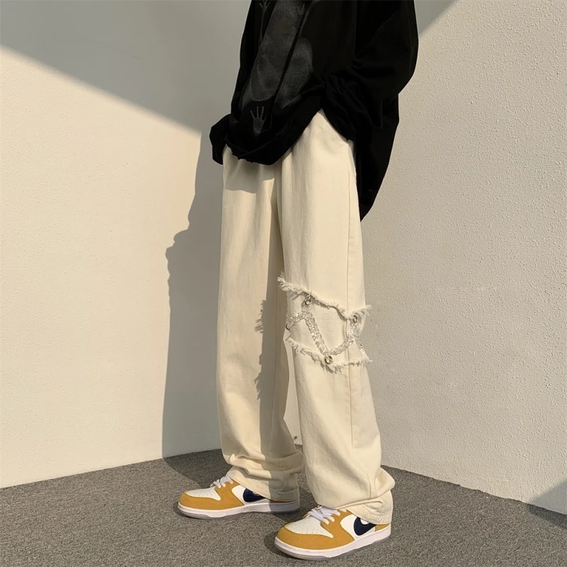 

Мужские джинсы прямого кроя в стиле хип-хоп с цепочкой, повседневные брюки для пар, однотонные рабочие брюки со средней посадкой, молодежные брюки Vitali Sle