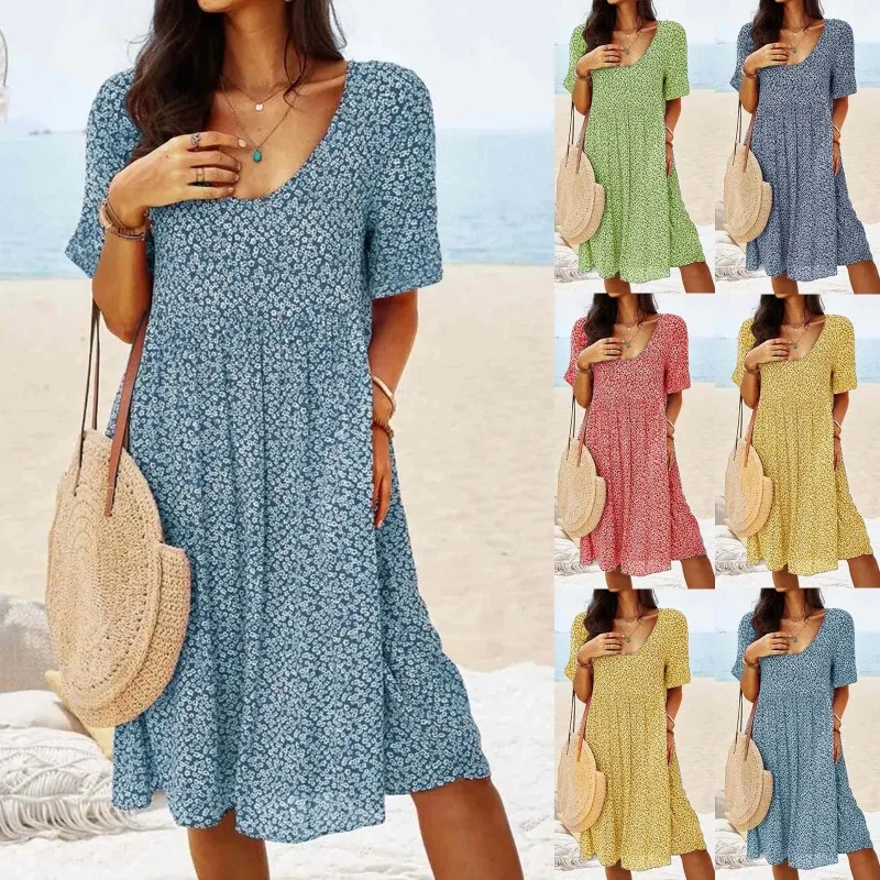 Vestido feminino verão floral bolsos plus size midi casual boêmio impresso manga curta t camisa vestidos para mulher na altura do joelho