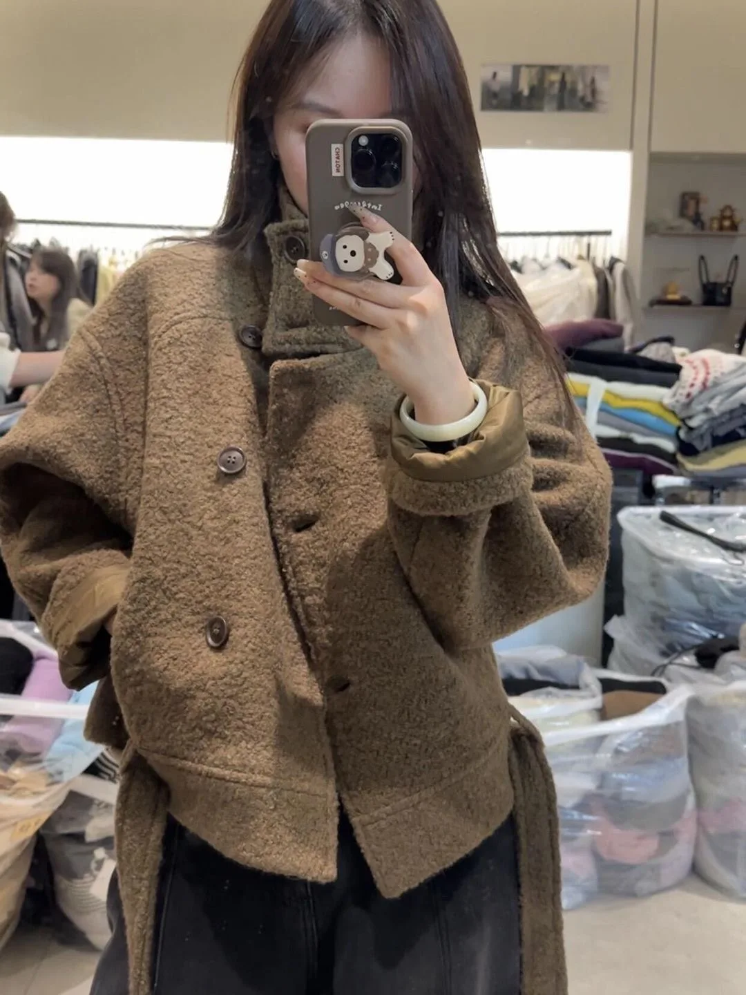 

Brown Double-Sided Wear Woolen Coat with Belt Stand Collar Women's Faion Korean Sle Unique Beautiful ort Outerwear
