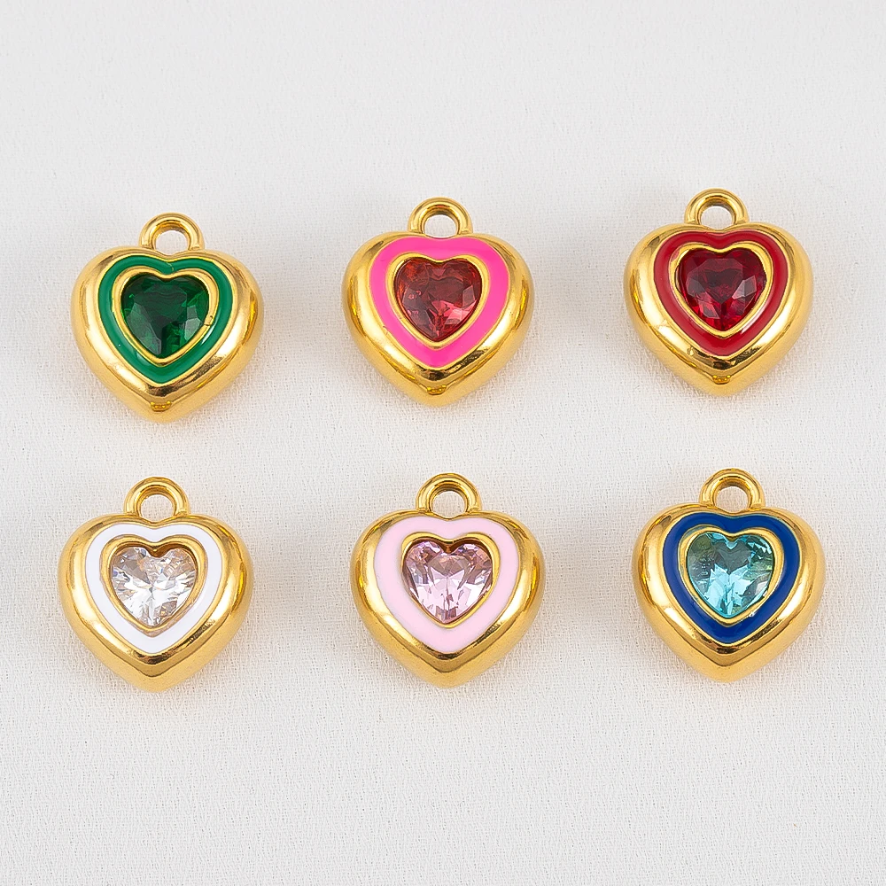 

2pcs Zircon Enamel Heart Pendants Stainless Steel Multicolor Love Charms for DIY Jewelry Making Necklace Bracelet Accessories