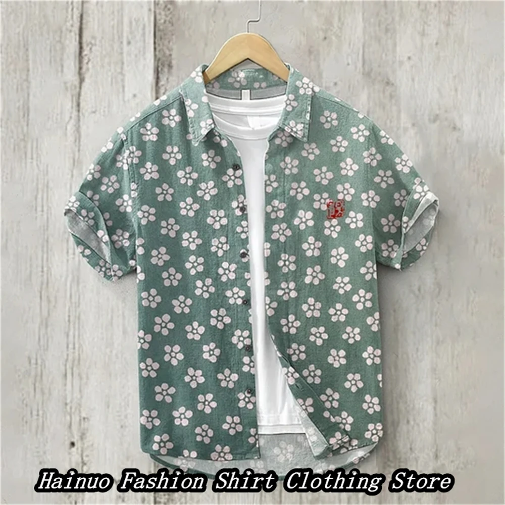 European and American popular 2024 new men's shirt 3D print summer casual retro linen shirt loose independent stand XS-5XL