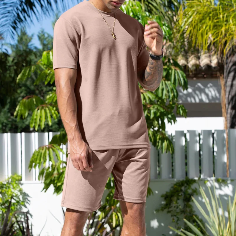 Casual Pure Color Men's Two Piece Sets Summer Fashion O Neck Short Sleeve T Shirts And Shorts Suits Men Clothing Leisure Outfits