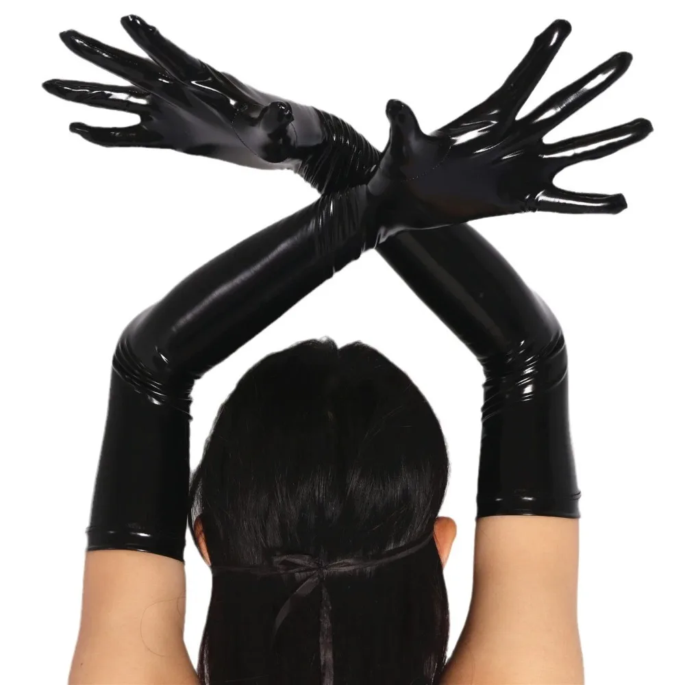 2025New style  Long Patent Leather Coated Pole Dance Performance Gloves Halloween Costume Accessories Tight Gloves 38CM