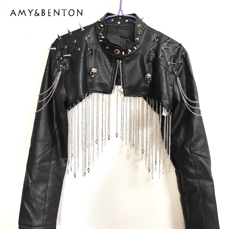

European American Punk Rivet Chain Tassel PU Leather Women's Jacket Autumn New Black Stand Collar Long Sleeve Short Coat Ladies