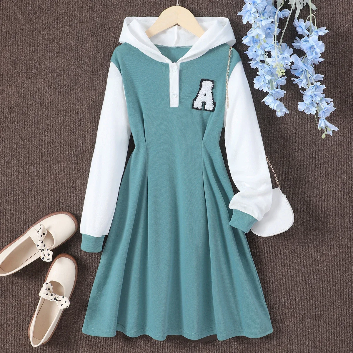 Girls Dresses 2024 Autumn Winter Long Sleeve Hooded Contrast Color Casual Simple for 8 9 10 11 12 Years
