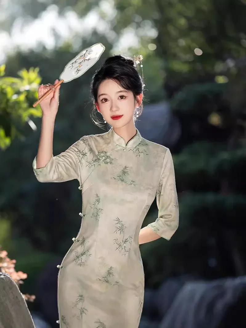 نمط طويل 2024 خريف جديد شيونغسام تحسين مزاجه المؤنث الرجعية اليومية أنيقة سبعة أرباع الأكمام فستان تشيباو #6