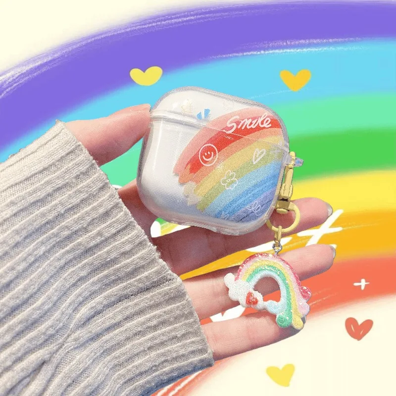 For AirPods Pro 3 2025 Case Cartoon Rainbow Retro Record Player Transparent Soft Shell Earphone Cover for AirPods 4 3 2 1 Pro2