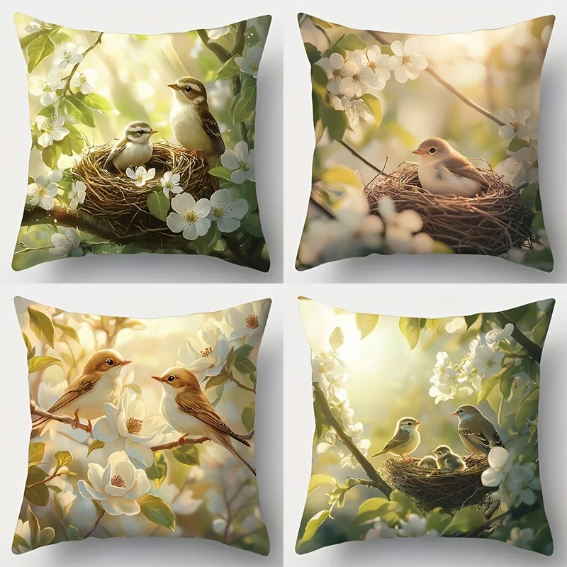 4-Piece Printed Pillowcase Set – Spring Theme with Birds, Branches & Flowers