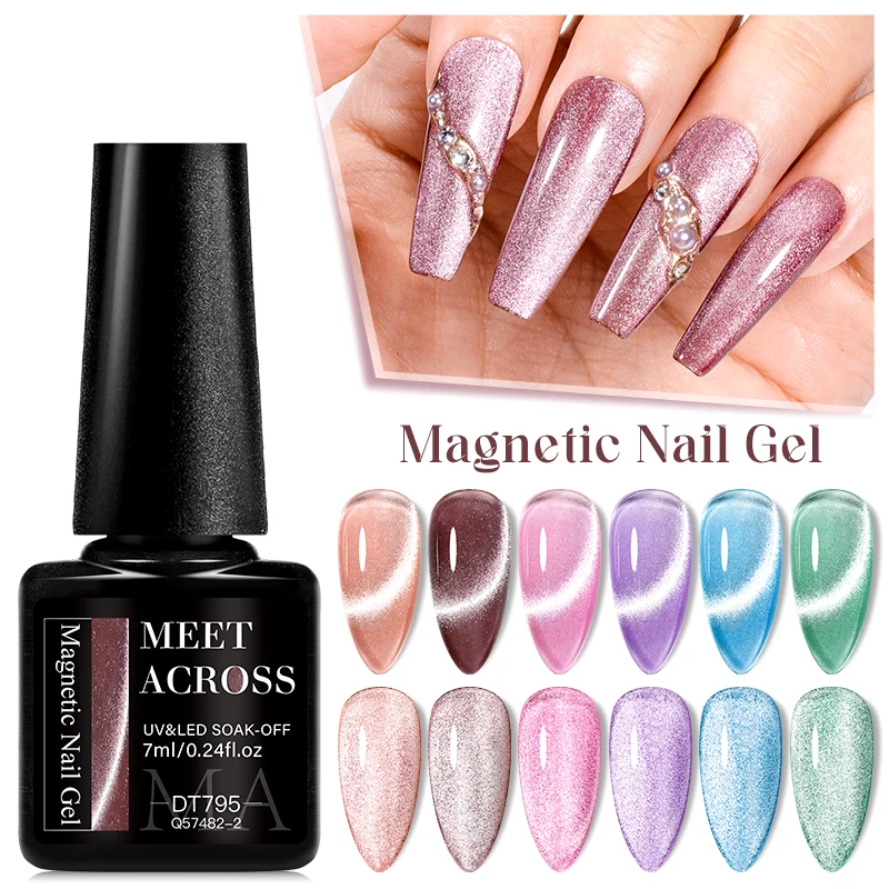 MEET ACROSS 7ml Magnetic Gel Nail Polish Nail Art Reflective Glitter Cat Eye Gel Soak Off UV Nail Glue Semi-Permanent Varnish