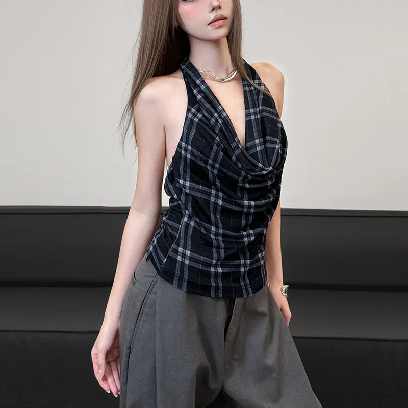

Women's Vintage Tops, Plaid Halter- Neck Tank Tops, Sleeveless TEE