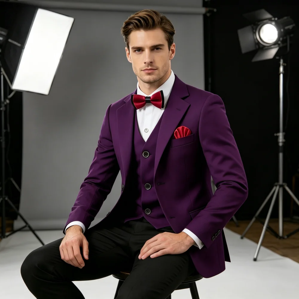 

3 Pieces Slim Fit Men's Tuxedo Suits Formal Business Groom Costume Set - Jacket Pant Vest for Wedding Party Prom