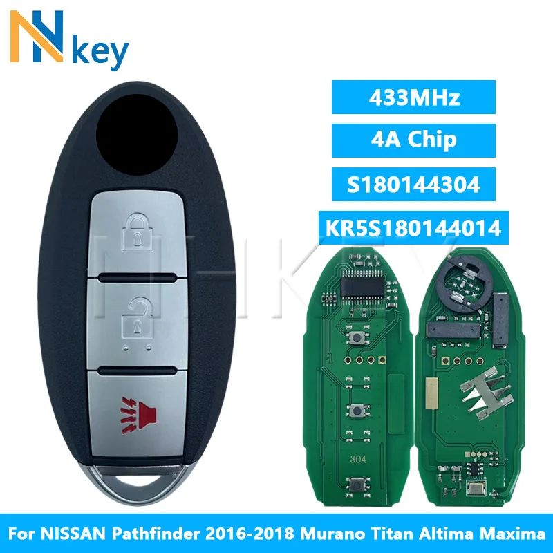 NHKEY S180144304 KR5S180144014 pour NISSAN Pathfinder 2016-2018 Murano Titan Altima Maxima clé à distance de voiture intelligente 4A puce 433Mhz