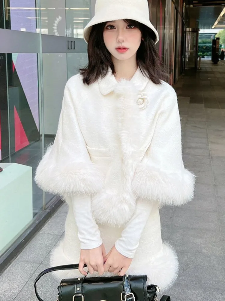 High Quality Winter Plush Thick Warm Wool Two Piece Set For Women Cloak Coat + Skirt Suits Girl Korean Sweet 2 Piece Outfits