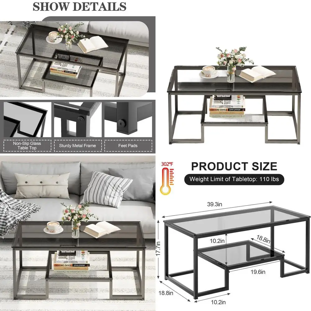 

Modern Rectangular 2-Tier Glass Coffee Table with Metal Frame for Living Room & Home Office
