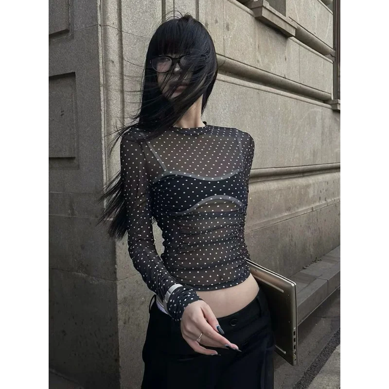 Mesh Long-sleeved T-shirt for Women in Spring and Autumn Slim-fitting Half-turtle Collar Short Niche See-through Top