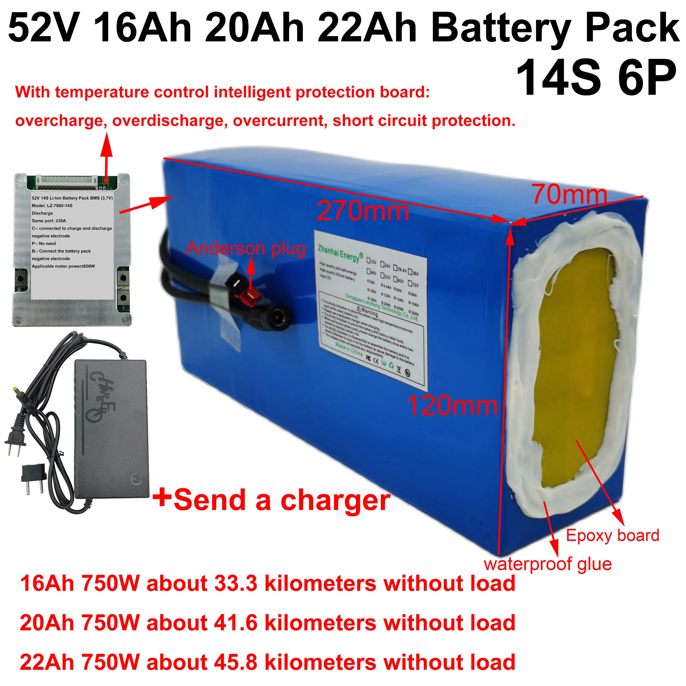 52V 16Ah 20Ah 22Ah 18650 Li-ion Rechargeable Battery Pack 14S 6P New Factory Direct Sales Can Be Customized Can Be Wholesale