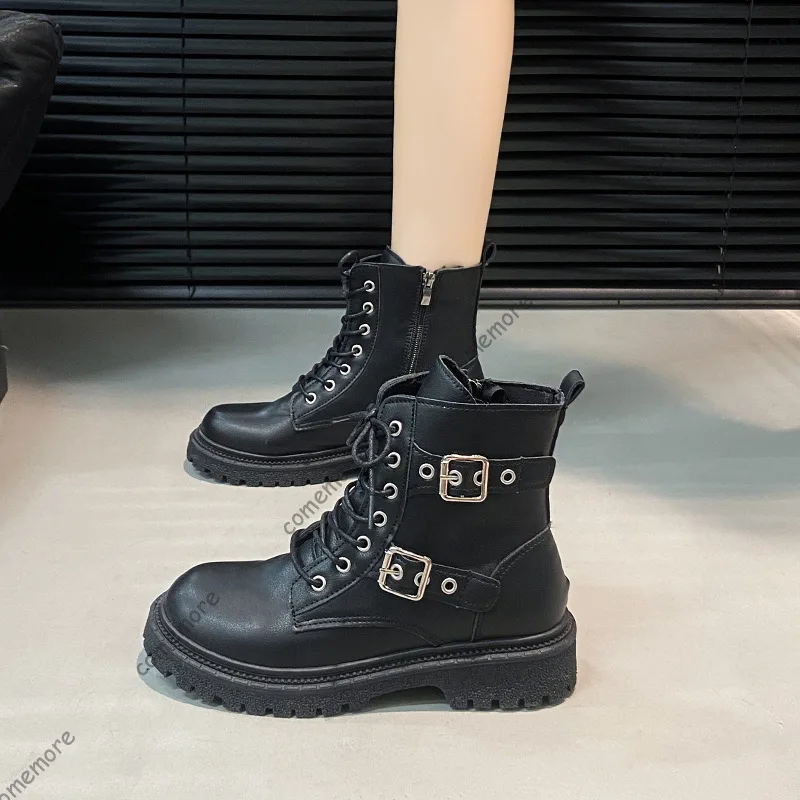 Comemore 2025 Autumn Black Ankle Boots Square Heel Lace Up Women New Platform Short Motorcycle Botas Punk Style Women Shoes
