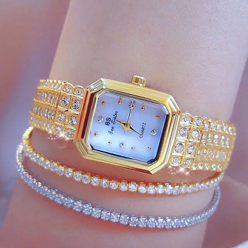 

Bs Women Watches Luxury Brand Diamond Crystal Gold Female Wristwatches Small Dial Square Ladies Watches Montre Femme 2022