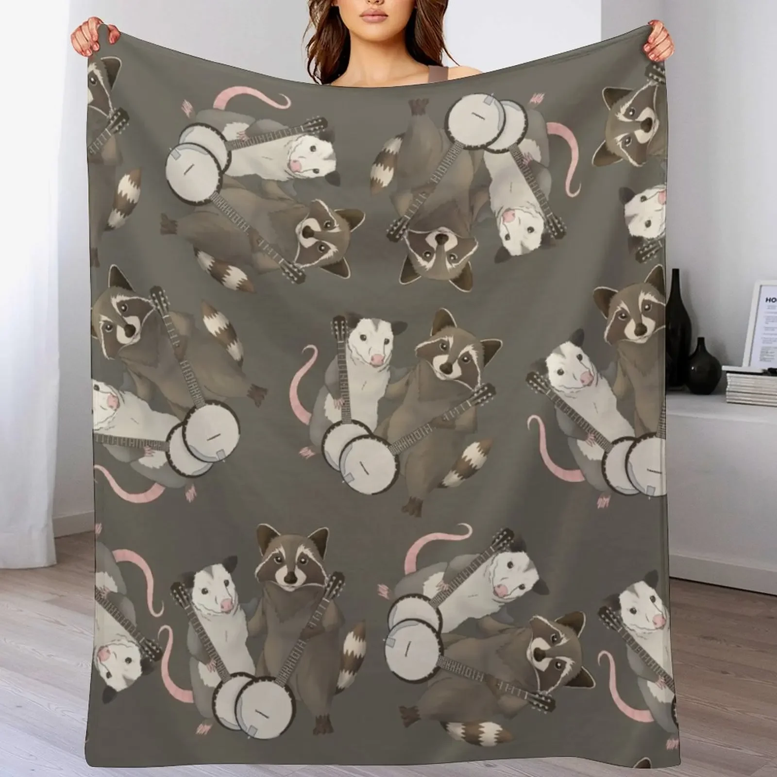 

Opossum and Raccoon with banjos Throw Blanket for winter Beautifuls Shaggy Bed Fashionable Blankets