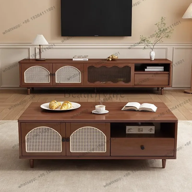 Factory Direct Home Floor-standing TV Stands Chinese-style Wicker Solid Wood Living Room TV Stands French-style Storage Furnitur