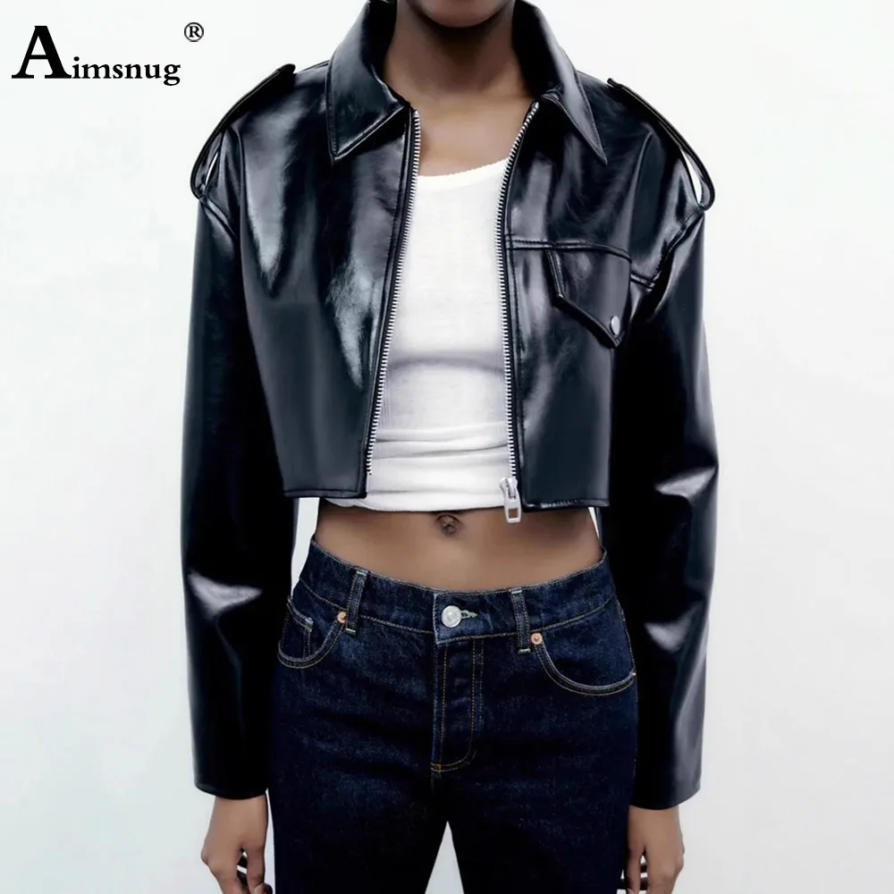Women Faux Pu Leather Jackets 2025 New Fashion Zipper Crop Top Outerwear Sexy Notched Disco Dance Coats Solid Motorcycle Jacket
