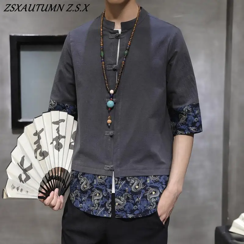 الصيف النمط الصيني خمس نقاط قصيرة الأكمام قميص الرجال القطن الصيني الكتان تانغ نمط Hanfu الملابس خمر المرقعة القمم