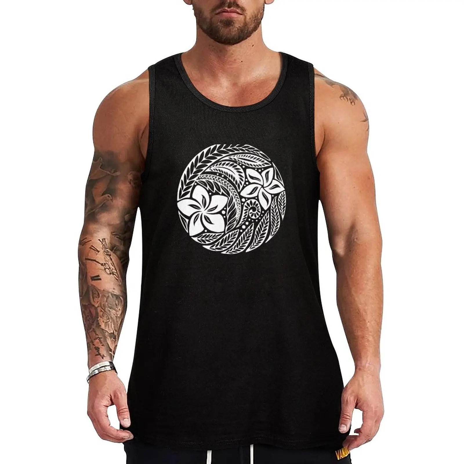 Circular Polynesian White Floral Tattoo Tank Top sexy clothes men sleeveless t-shirts for men Gym T-shirts for men