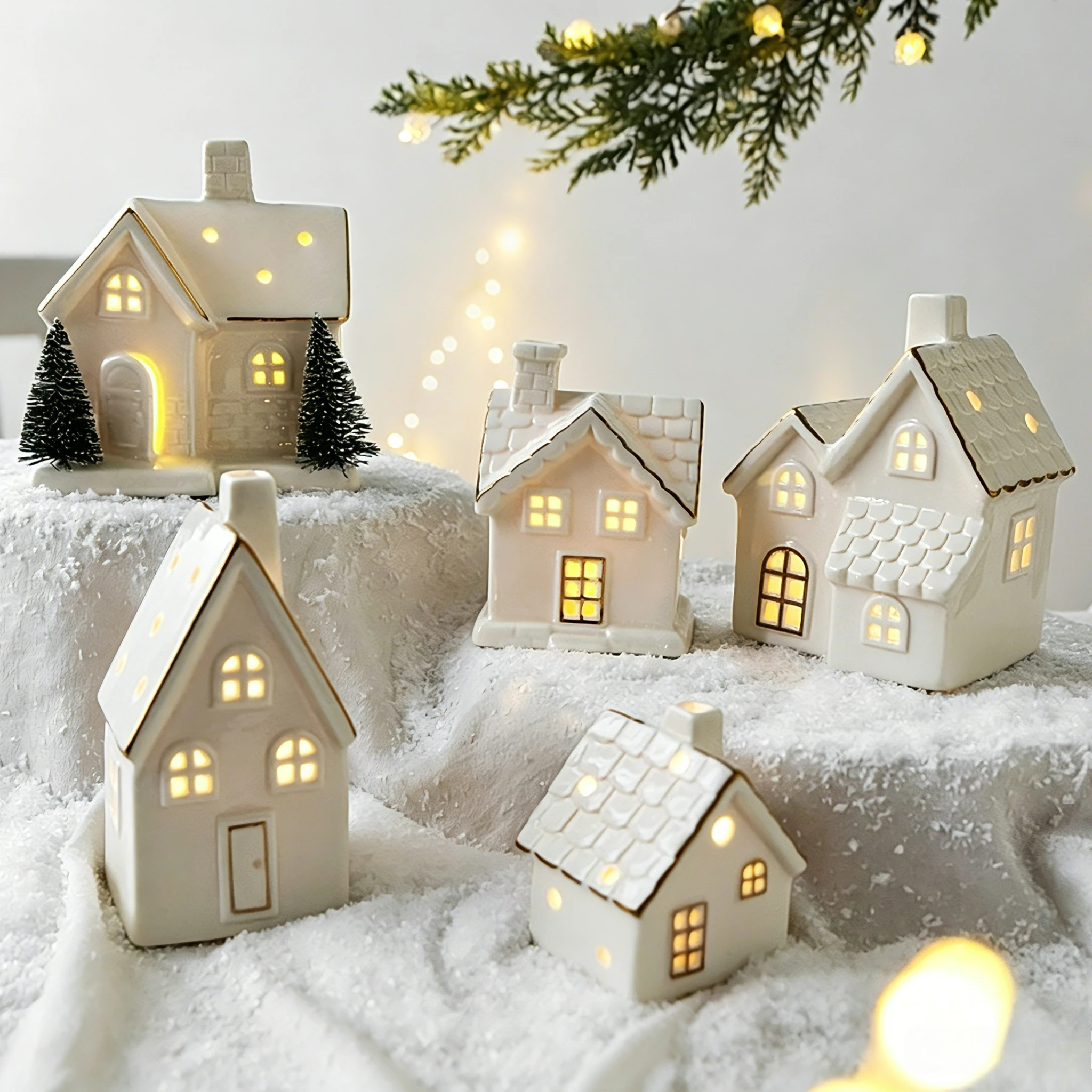 Christmas Tree House Creative Ceramic Ornaments Luminous Snow House Snow House Scene Arrangement Tabletop Small Ornaments