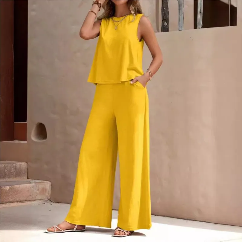 

Elegant Women's Summer Yellow Round Neck Sleeveless Fashion Top Women's Casual High Waist Pocket Wide Leg Pants 2-piece Set XXL