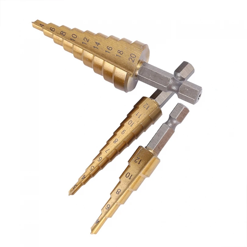 Punta da trapano a gradino rivestita in titanio con scanalatura dritta HSS 3 pezzi 3-12mm 4-12mm 4-20mm per utensili per la lavorazione del legno per foratura di carotaggio