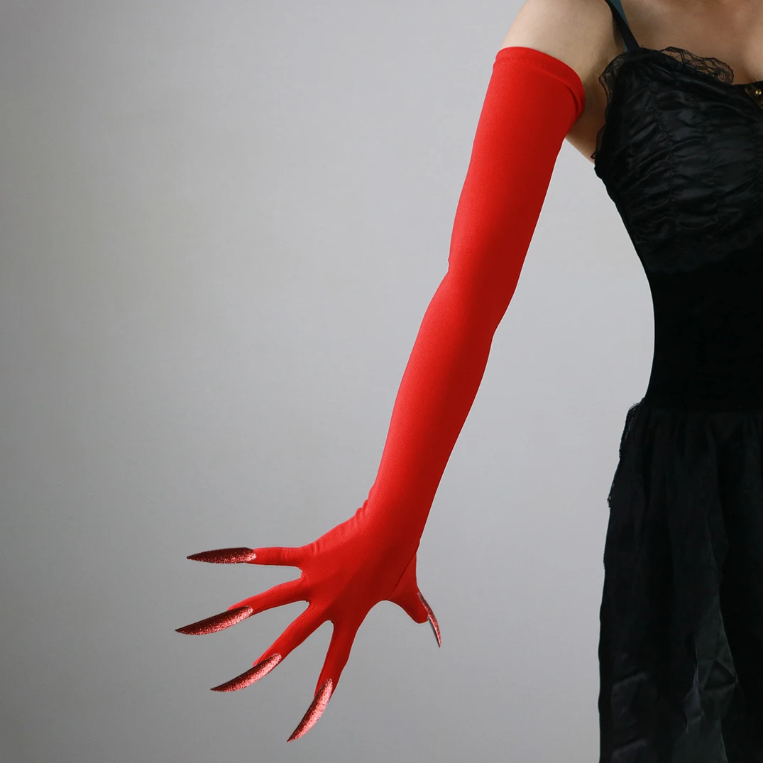 60cm Nagelhandschuhe Lange Geisterkrallen Rot-Weiß Dämon Halloween Party Cosplay Kleidungszubehör Requisiten Hexe Gothic Elastisch Dehnbar – Detail 5