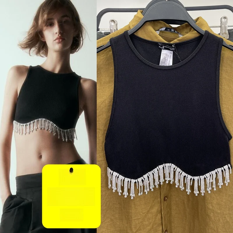 

Сексуальный укороченный топ-майка с украшениями для латиноамериканских танцев, открывающий живот, женский, модный, для повседневной носки, яркий, короткий, цветной