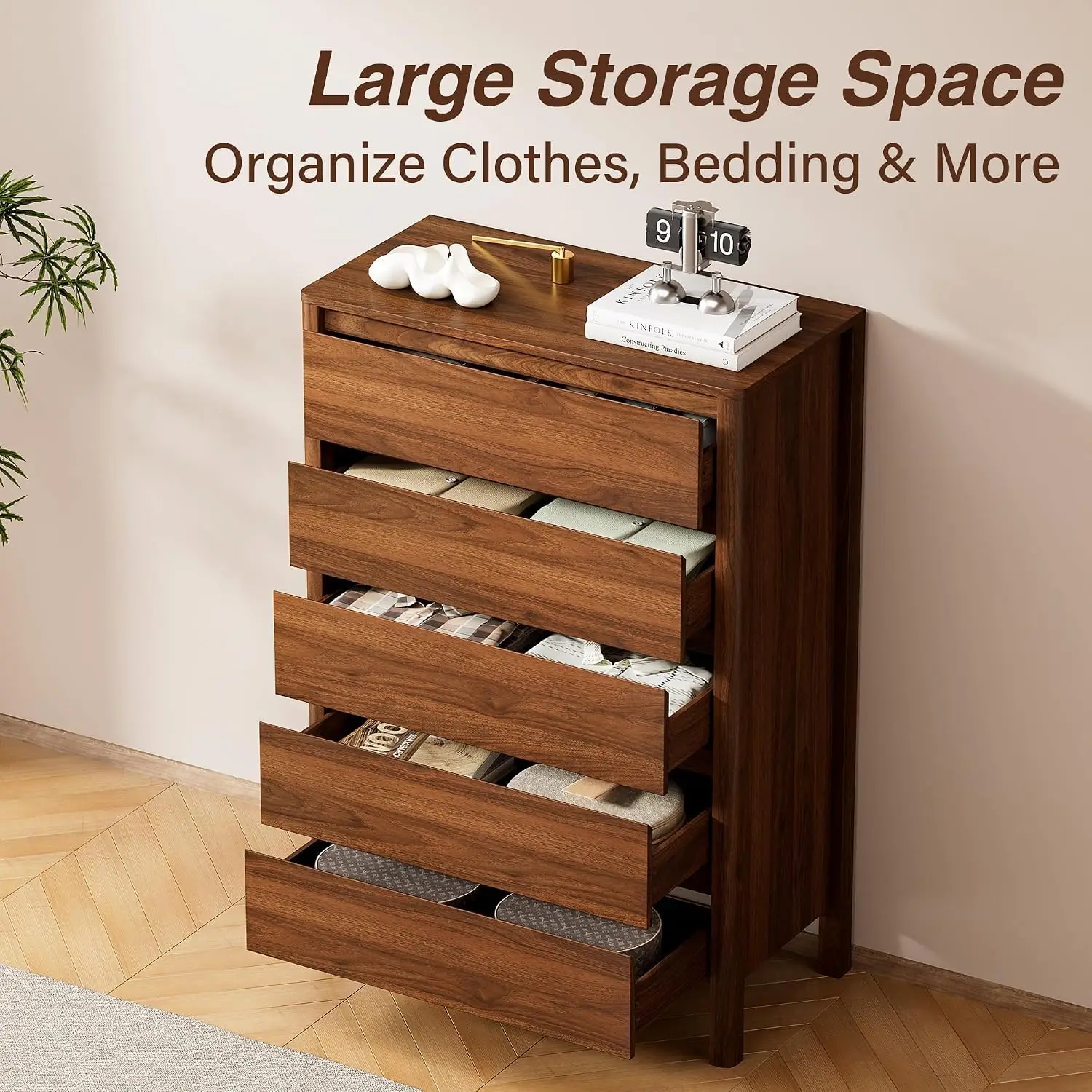 Five Drawer Wooden Storage Cabinet Vertical Tall Chest Of Drawers Organizer Unit With Solid Wood Legs Furniture For Bedroom Living Room Closet Entryway Walnut Brown One Pack view 5