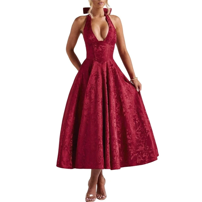Women's Dress Elegant Jacquard V Neck Halter Neck Sleeveless Waist Cinched Backless Casual Fashion Party