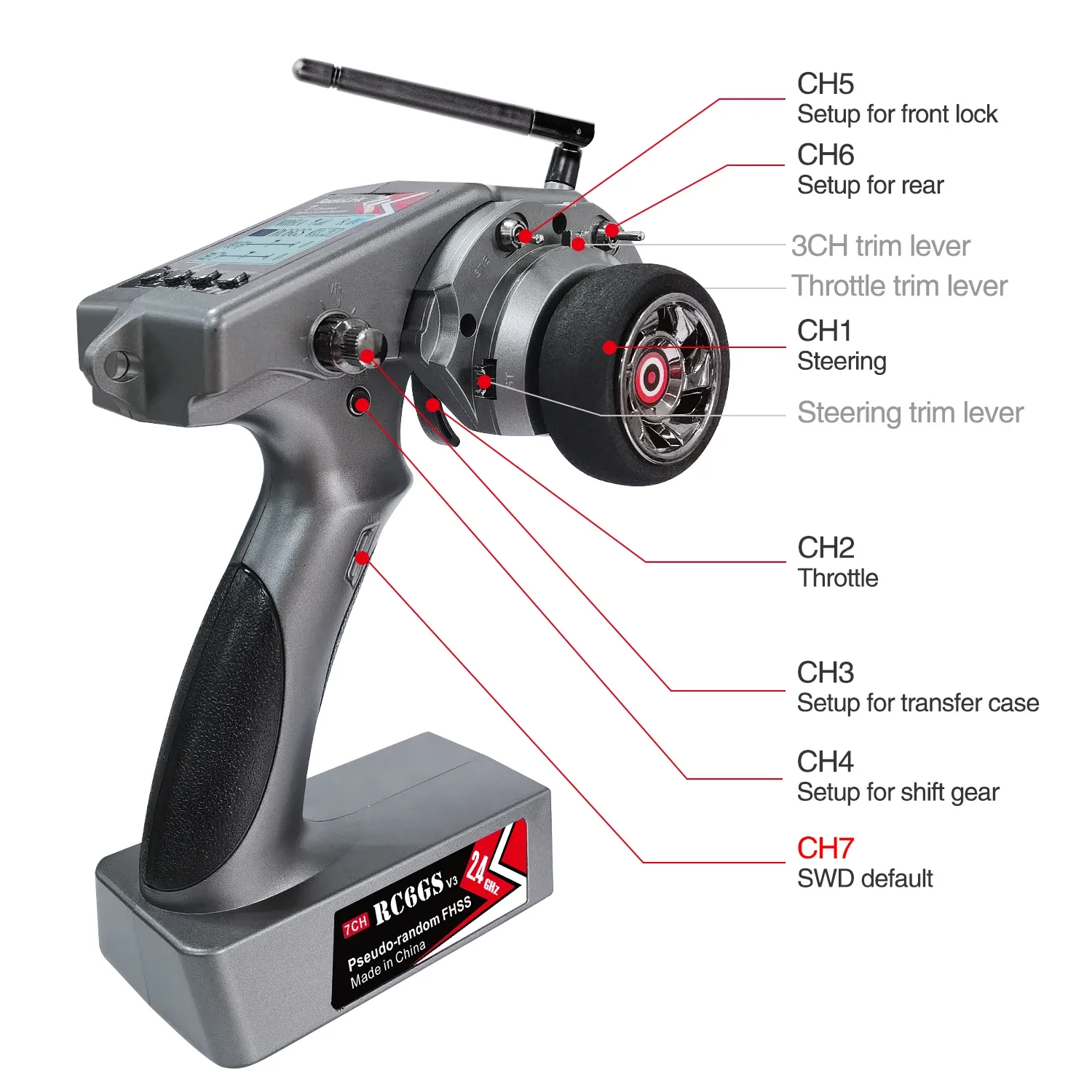 Immagine 4: Radiolink RC6GS V3 2.4G Trasmettitore radio a 7 canali per barca per auto RC con ricevitore R7FG Telemetria giroscopica telecomando incluso