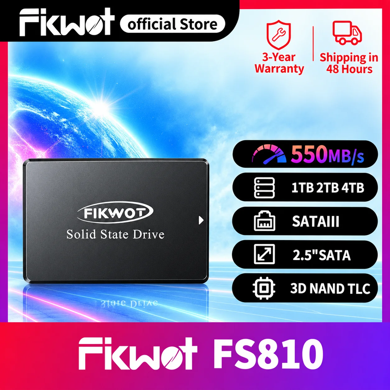 Fikwot FS810 SATA SSD 128GB、256GB、512GB、1TB、2TB、4TB。SATA3、2.5インチハードドライブ。ノートパソコンやデスクトップパソコン用の内蔵ソリッドステートドライブ。