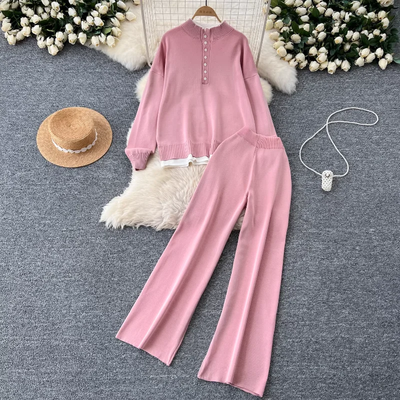 REALEFT 2024 Autumn Winter 2 Pieces Women\'s Sets Outfit Knitted Tracksuit Stand Collar Sweater and Straight Jogging Pants Suit