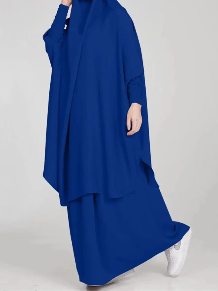 Eid donne musulmane 2 pezzi Jilbab set lungo Khimar + gonna set Hijab vestito preghiera indumento Abaya con cappuccio Ramadan abito islamico Niqab