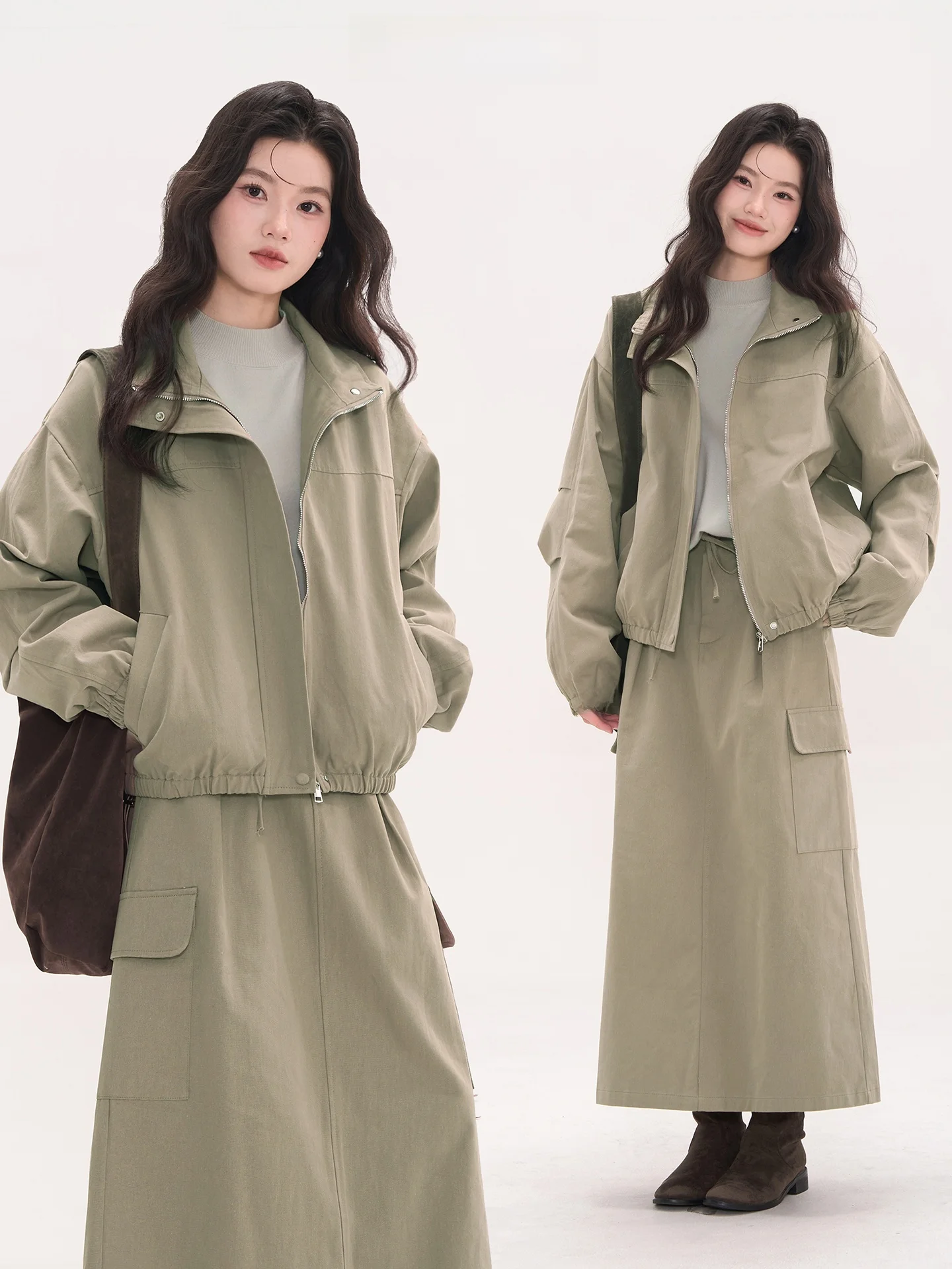 

Heme Wind Memory Autumn Stand Collar Jaet Outerwear Belted Skirt Two Piece Set Women Casual Loose Fit Cotton Blend