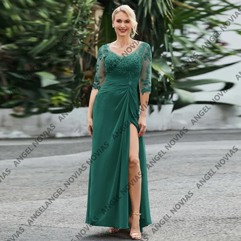 

Green Chiffon Mother of the Bride Dresses with Split Wedding Guest Party Dresses Vestido Para Boda Madre De La Novia