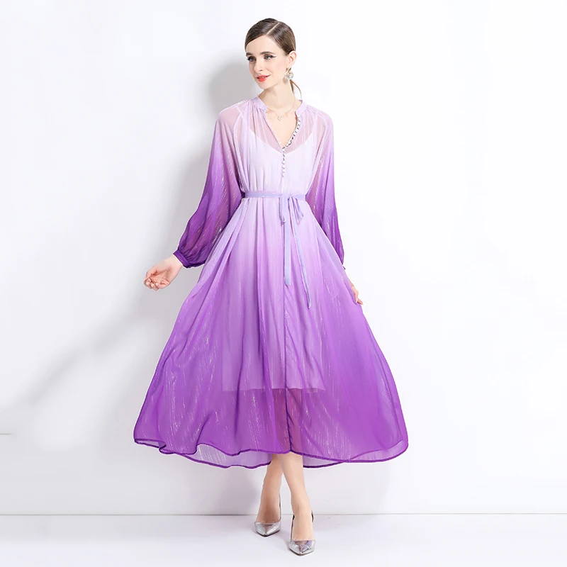

Summer Holiday Bright Silk Two-Pieces Chiffon Dress For Women Lantern Sleeve Gradient Color Lace Up Casual Beach Party Vestidos