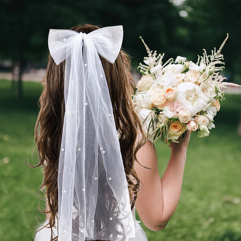 Wedding Bridal Pearls Veil Bride To Be White Bow Tulle Veil With Hairpin Wedding Hair Accessories Bachelorette Party Decor Gifts