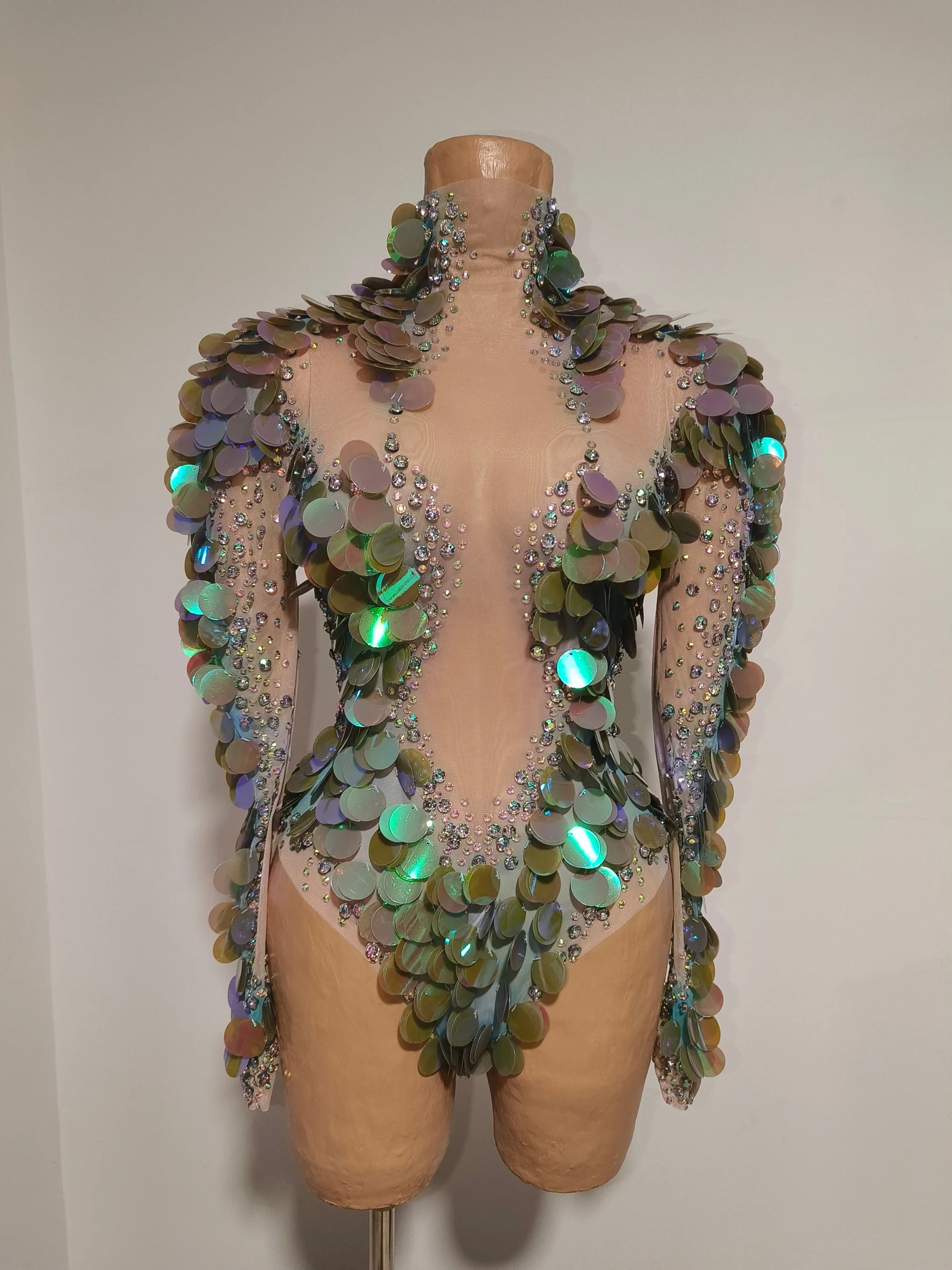 Yupi Womens Nude Mesh Bodysuit Holographic Rainbow Sequins Rhinestone Long Sleeve Singer Performance Party Jumpsuit