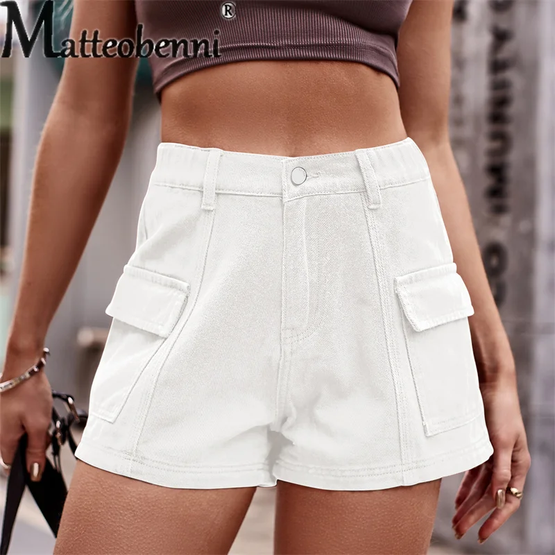 2023 neue Einfarbig Straße Trend Weibliche Overalls Mode Sommer Casual Spleißen Tasche Denim Shorts frauen Drei Viertel Hosen